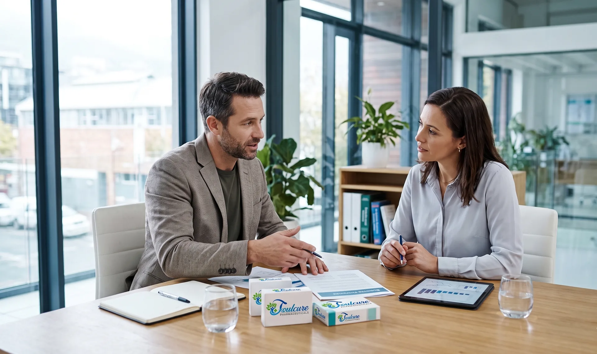 Two business professionals discussing a Soulcure Pharmaceuticals franchise partnership across a meeting table