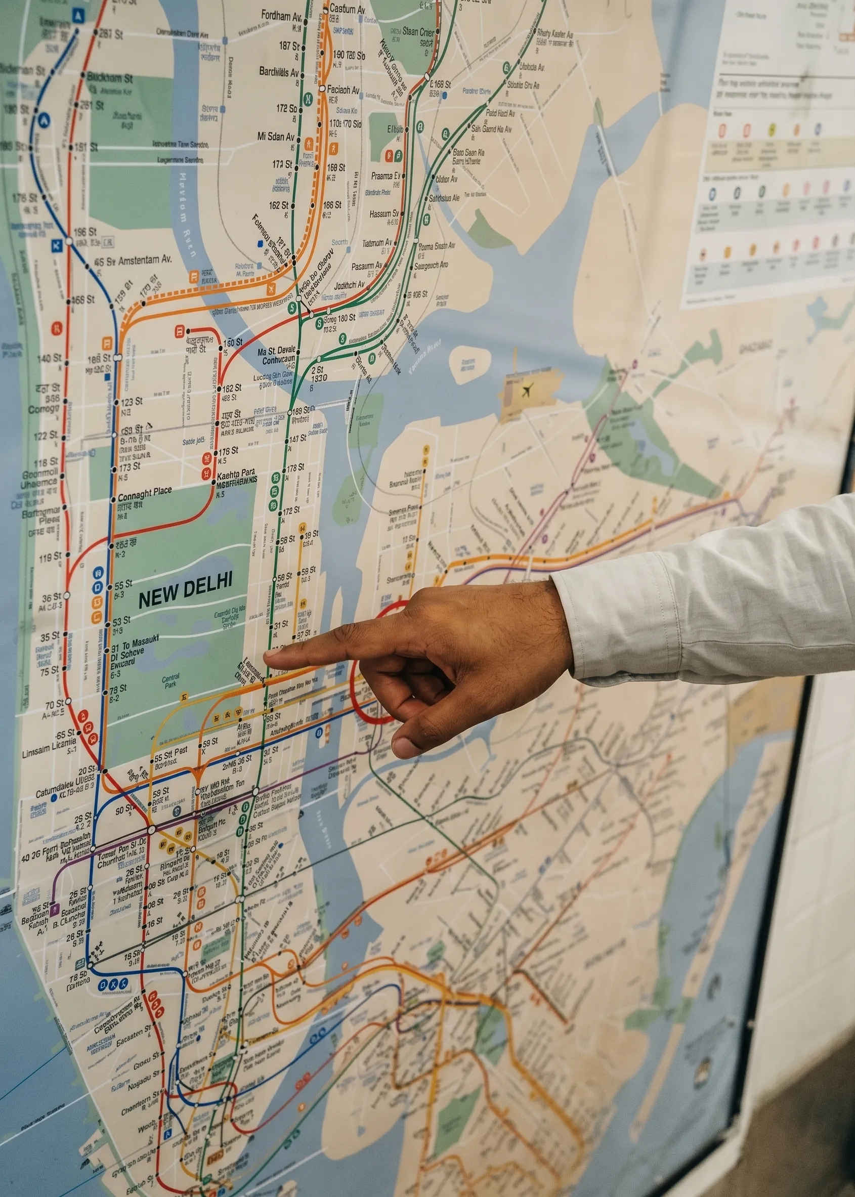 A hand pointing at a large wall map to choose a franchise territory